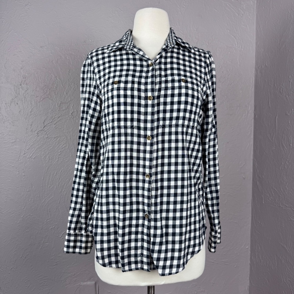 Women small chaps cotton flannel button shirt black and white checkered plaid